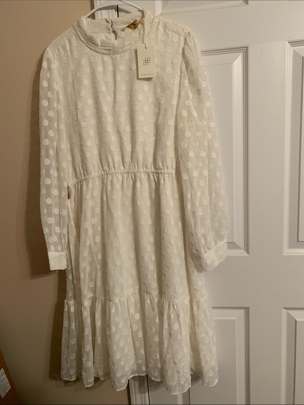 NWT XL DownEast Ivory Dot-Textured Long Sleeve Tiered Dress